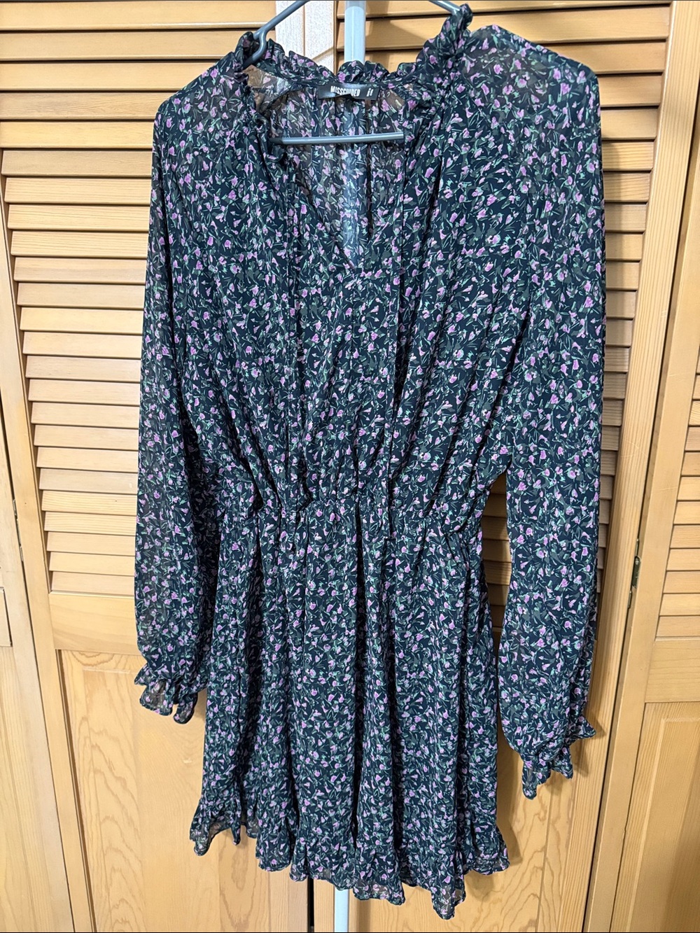 Missguided Floral Long Sleeve Ruffle Dress - Black with Purple Floral